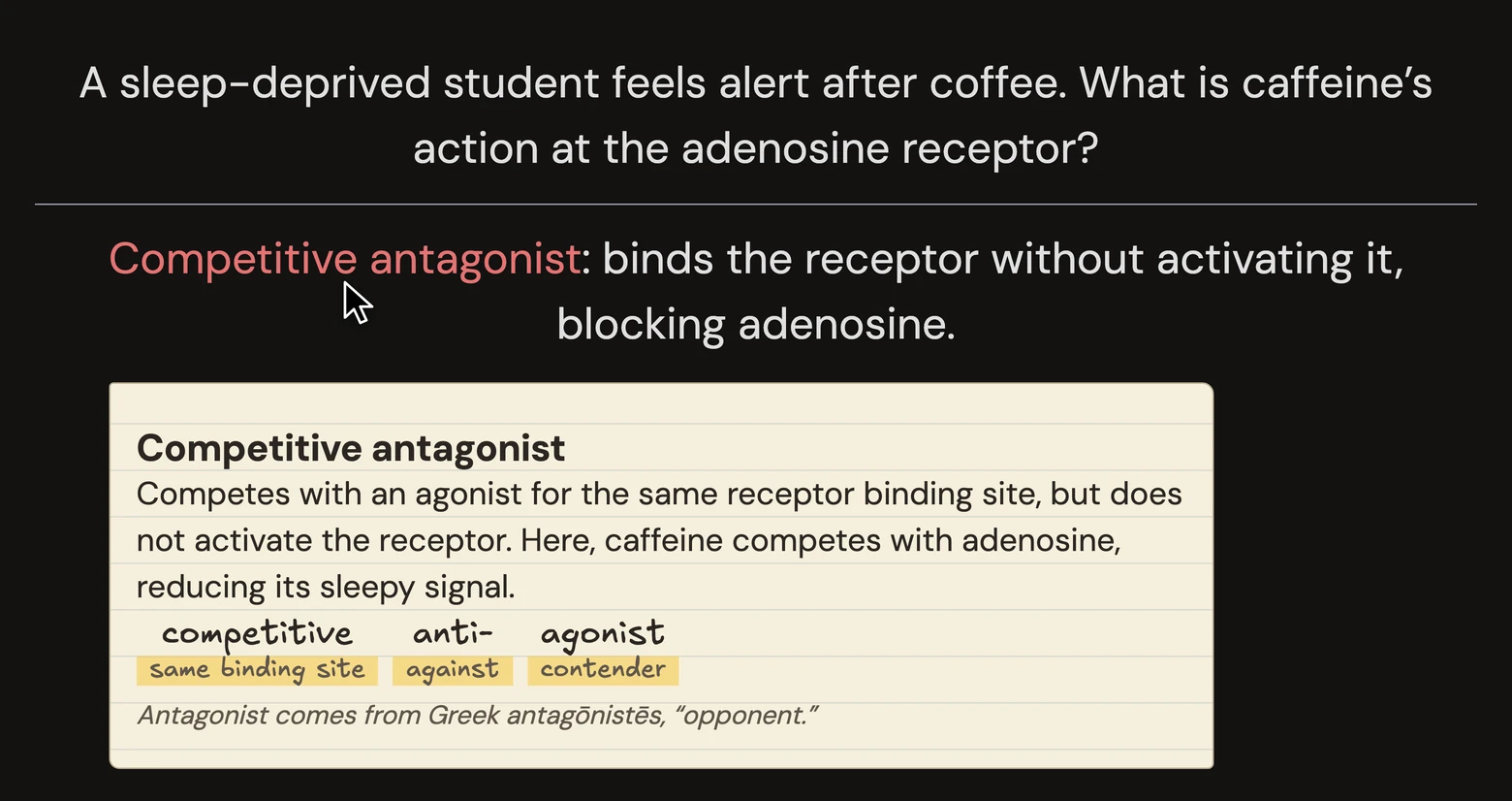 The same short caffeine card, with a cursor hovering over the red term “Competitive antagonist” to expand it: its definition, word parts and Greek origin appear on a cream paper glossary card.
