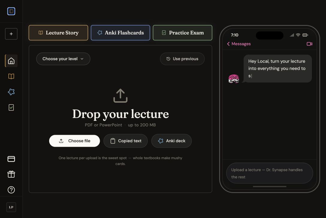 How to use Synaptic Recall: the upload screen with Lecture Story, Anki Flashcards, and Practice Exam selected