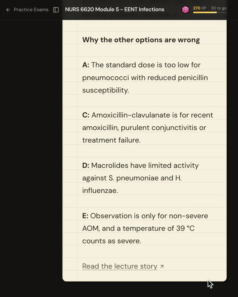 The explanation’s “Why the other options are wrong” list, one reason for each wrong option