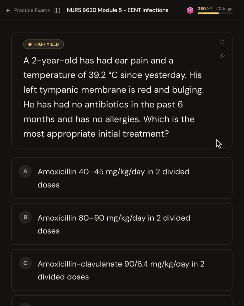 An AANP-style question about a 2-year-old with ear pain, a fever of 39.2 °C and a bulging eardrum, asking for the first-line antibiotic, with five answer options