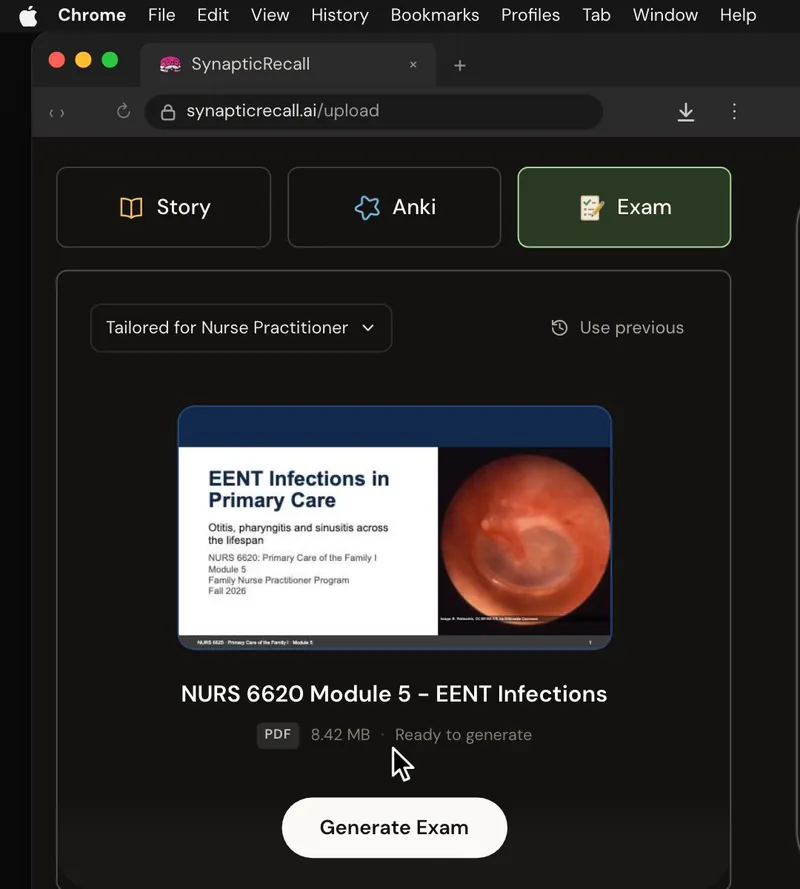 The upload page tailored for Nurse Practitioner, with a lecture PDF dropped in and the Exam selected