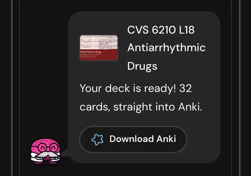 Dr. Synapse reporting a 32-card deck ready from one lecture, with a Download Anki button