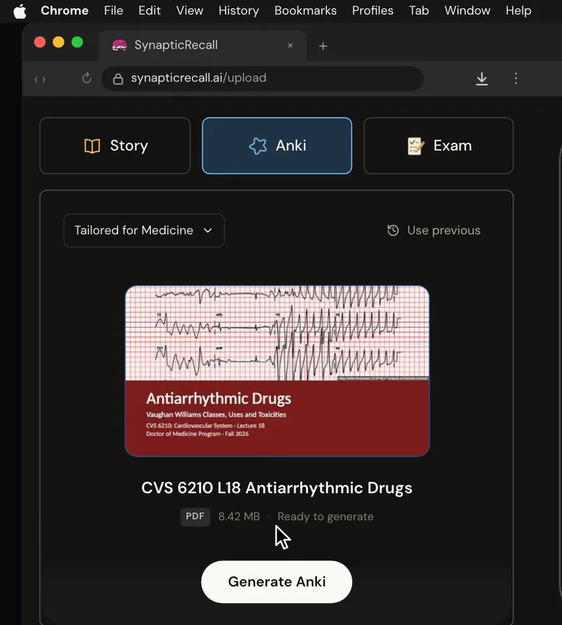 The upload page tailored for Medicine, with a lecture PDF dropped in and the Anki deck selected
