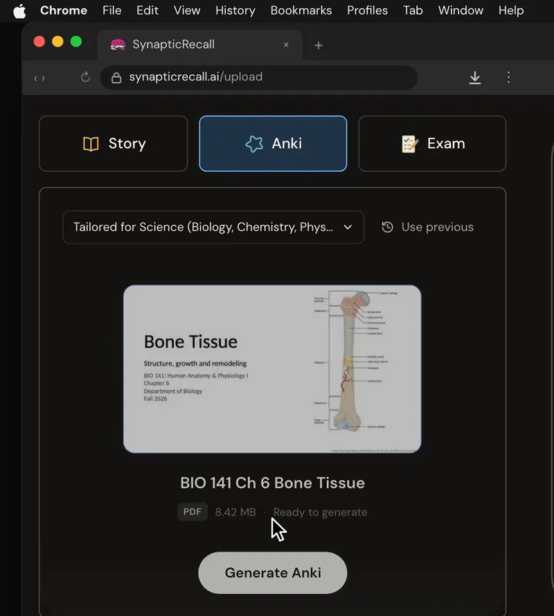 The upload page tailored for Human Anatomy & Physiology, with a lecture PDF dropped in and the Anki deck selected
