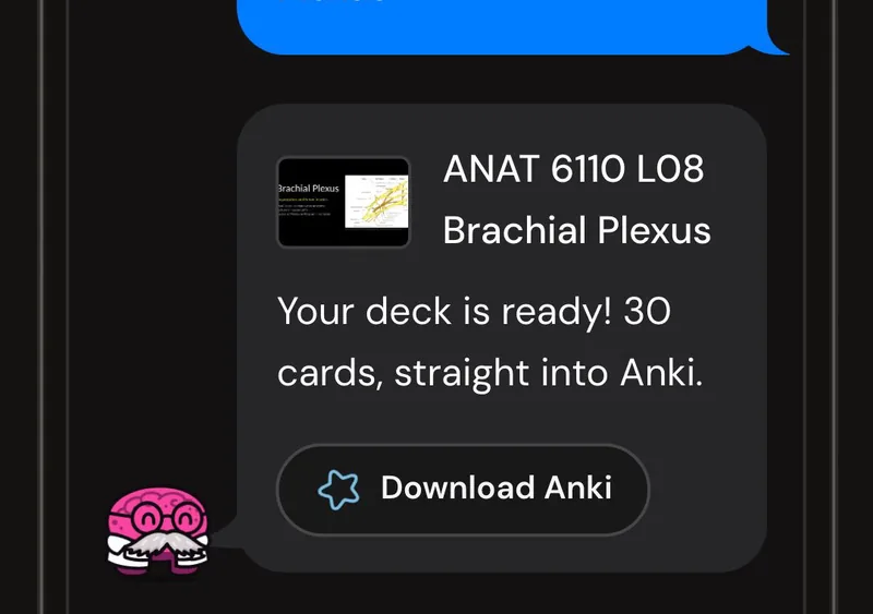 Dr. Synapse reporting a 30-card deck ready from one lecture, with a Download Anki button