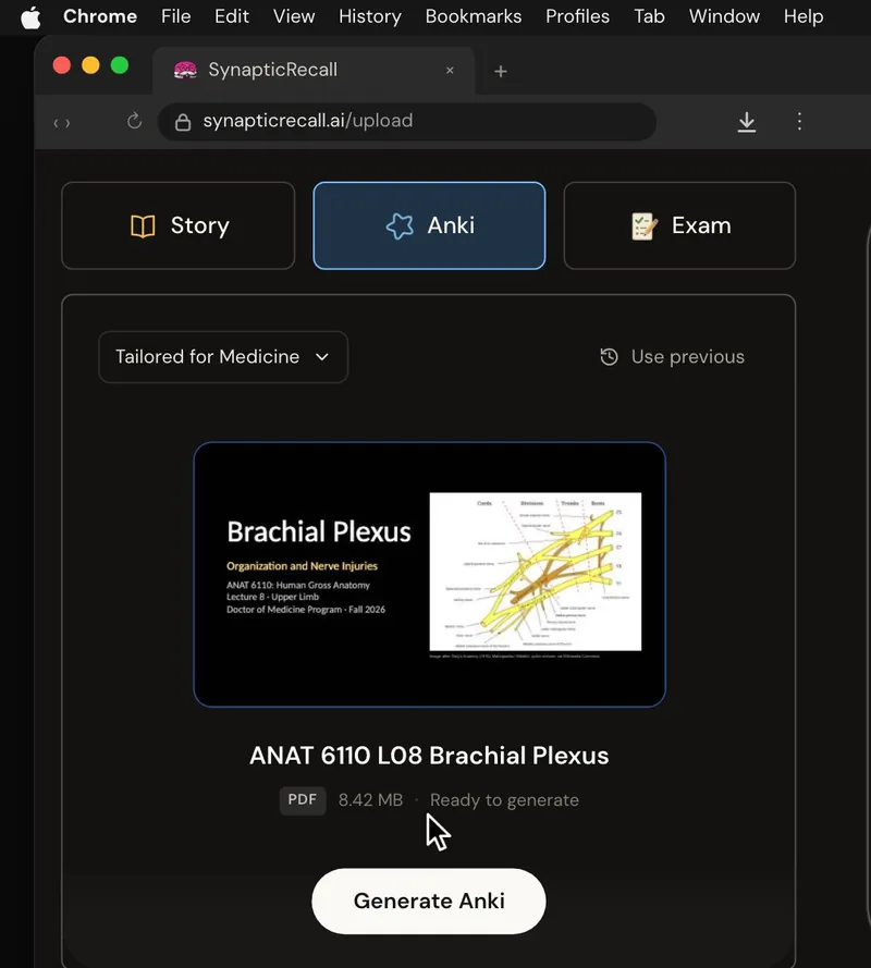 The upload page tailored for Gross Anatomy, with a lecture PDF dropped in and the Anki deck selected
