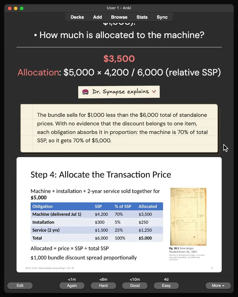 A card from the 32-card deck open in Anki: the answer, Dr. Synapse’s explanation and the lecture slide it came from