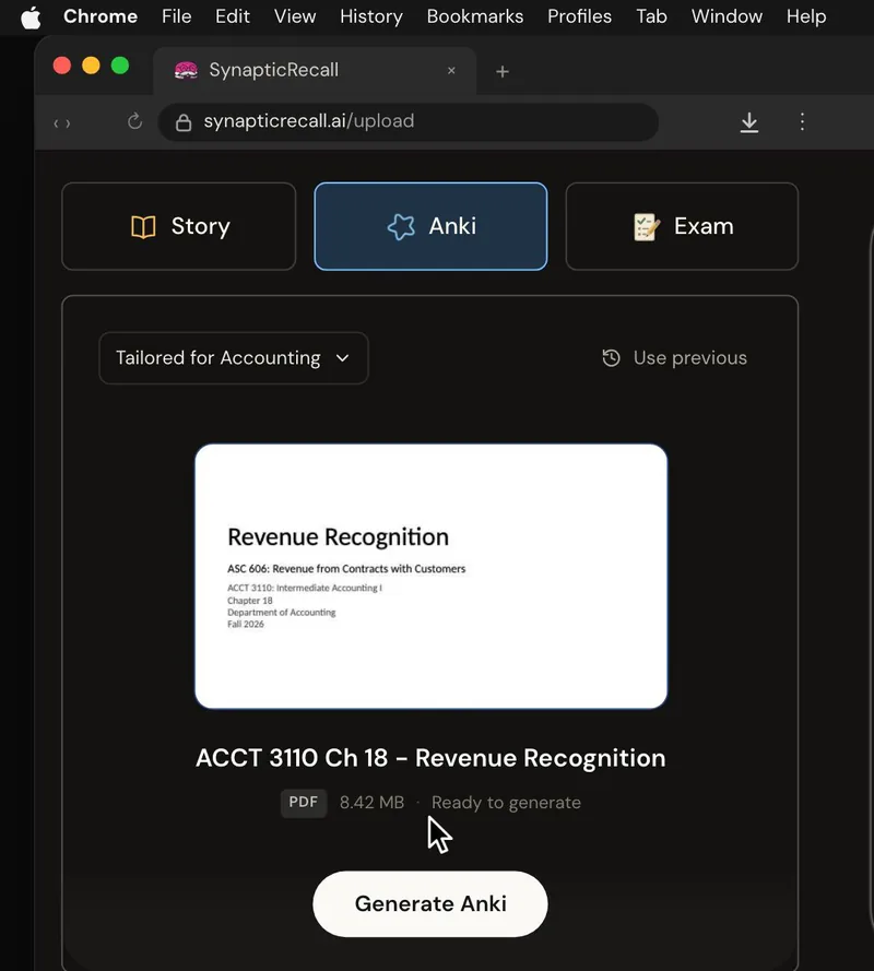 The upload page tailored for Accounting, with a lecture PDF dropped in and the Anki deck selected