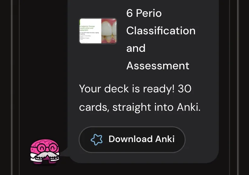 Dr. Synapse reporting a 30-card deck ready from one lecture, with a Download Anki button