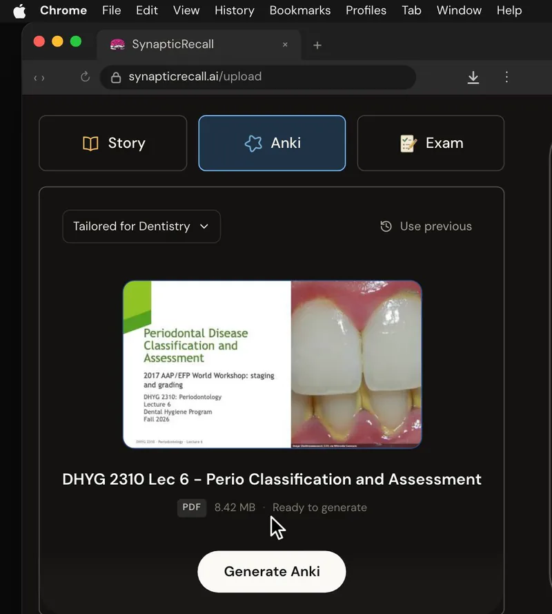 The upload page tailored for Dental Hygiene, with a lecture PDF dropped in and the Anki deck selected