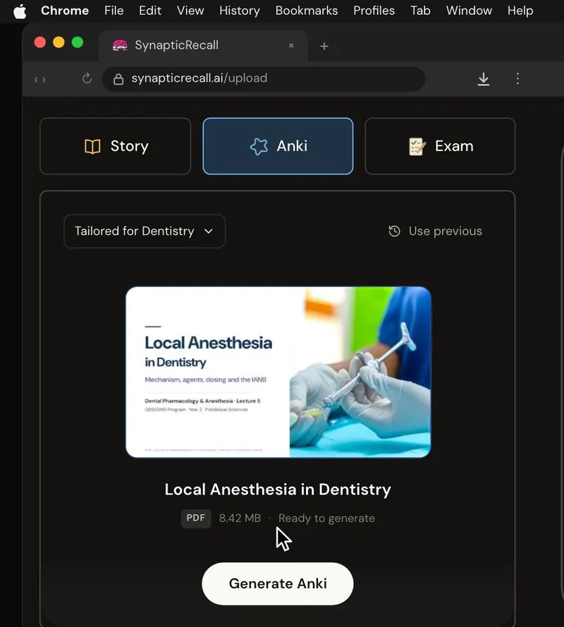 The upload page tailored for Dentistry, with a lecture PDF dropped in and the Anki deck selected