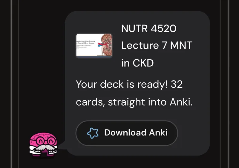 Dr. Synapse reporting a 32-card deck ready from one lecture, with a Download Anki button