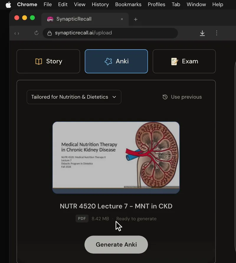 The upload page tailored for Nutrition & Dietetics, with a lecture PDF dropped in and the Anki deck selected