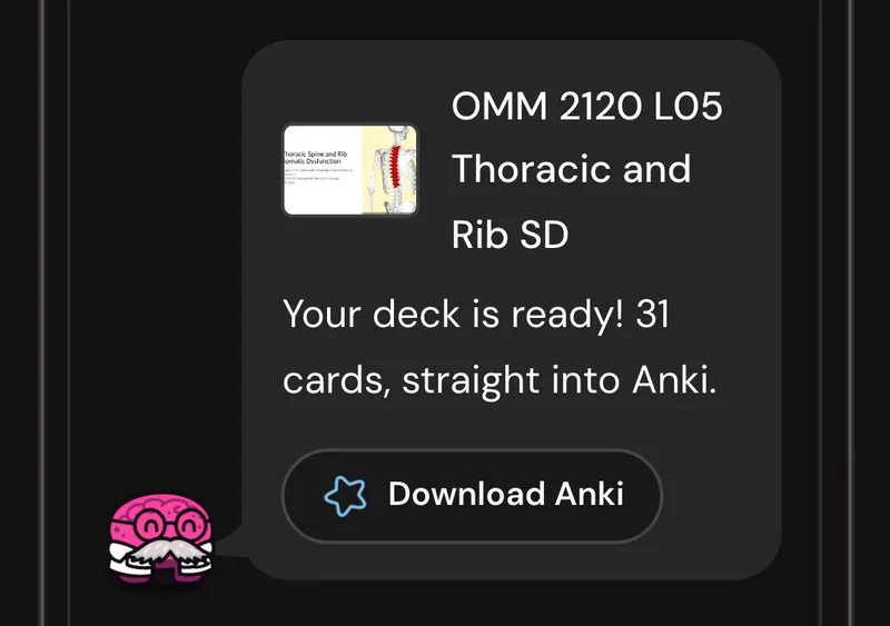 Dr. Synapse reporting a 31-card deck ready from one lecture, with a Download Anki button