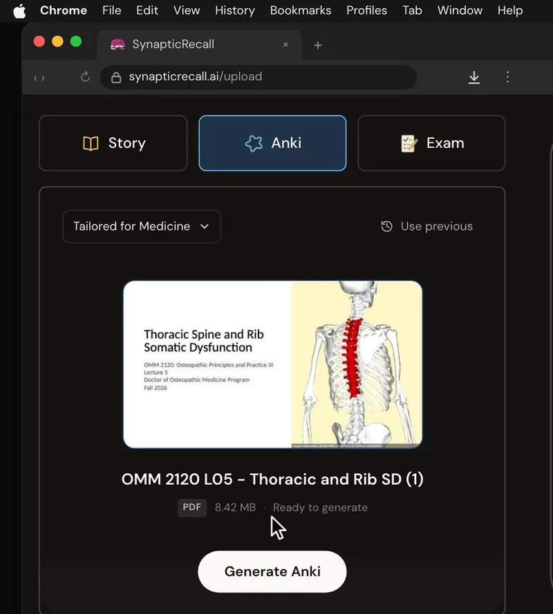 The upload page tailored for Medicine, with a lecture PDF dropped in and the Anki deck selected