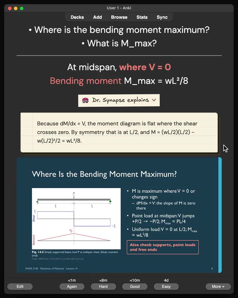 A card from the 28-card deck open in Anki: the answer, Dr. Synapse’s explanation and the lecture slide it came from