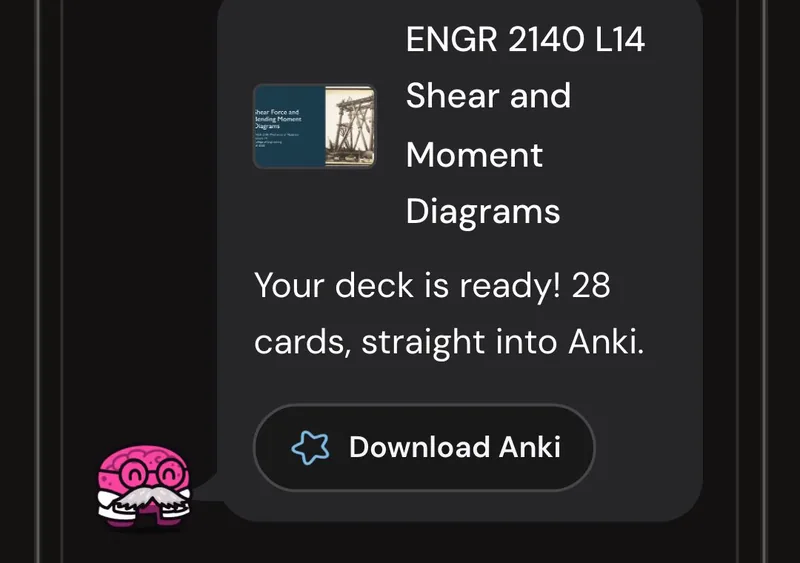 Dr. Synapse reporting a 28-card deck ready from one lecture, with a Download Anki button
