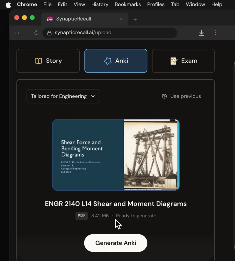 The upload page tailored for Engineering, with a lecture PDF dropped in and the Anki deck selected