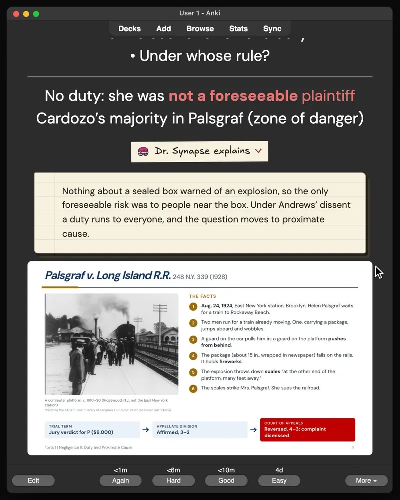 A card from the 28-card deck open in Anki: the answer, Dr. Synapse’s explanation and the lecture slide it came from