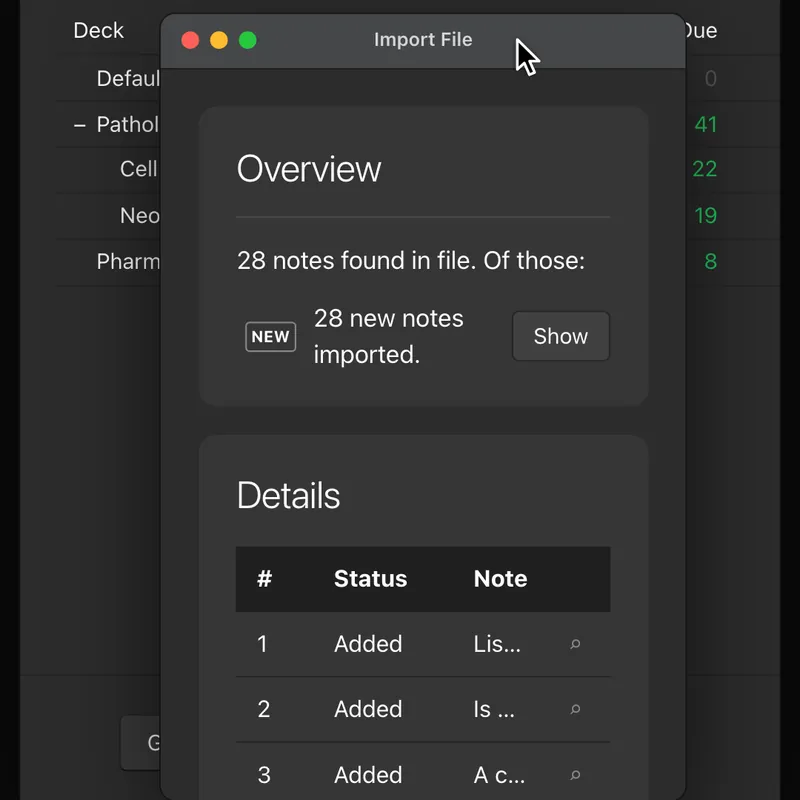 Anki’s Import File window: 28 new notes imported from the deck