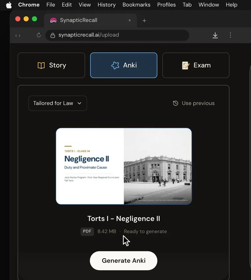 The upload page tailored for Law, with a lecture PDF dropped in and the Anki deck selected