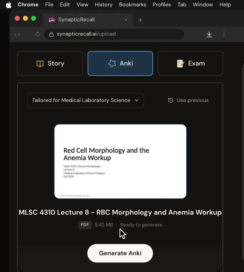 The upload page tailored for Medical Laboratory Science, with a lecture PDF dropped in and the Anki deck selected