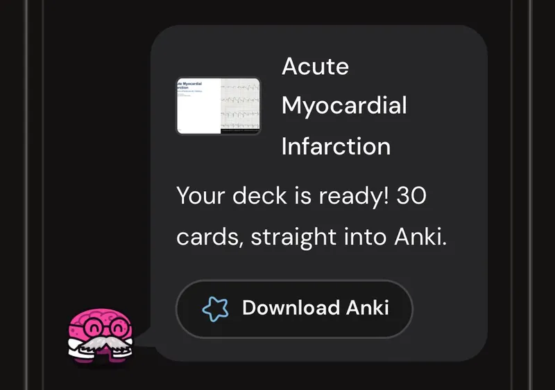 Dr. Synapse reporting a 30-card deck ready from one lecture, with a Download Anki button