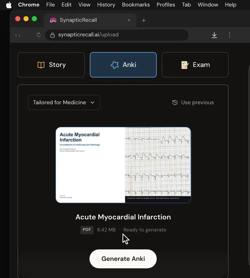 The upload page tailored for Medicine, with a lecture PDF dropped in and the Anki deck selected