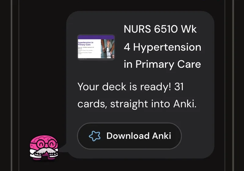 Dr. Synapse reporting a 31-card deck ready from one lecture, with a Download Anki button