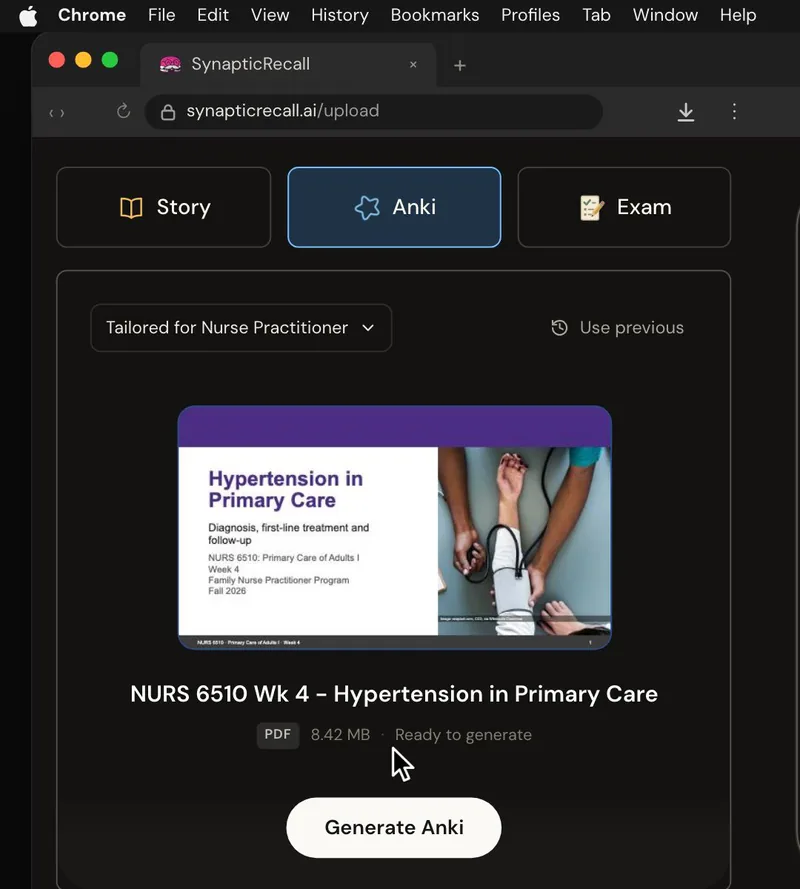 The upload page tailored for Nurse Practitioner, with a lecture PDF dropped in and the Anki deck selected