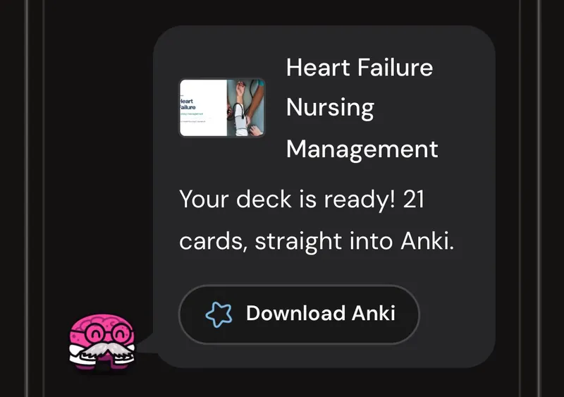 Dr. Synapse reporting a 21-card deck ready from one lecture, with a Download Anki button