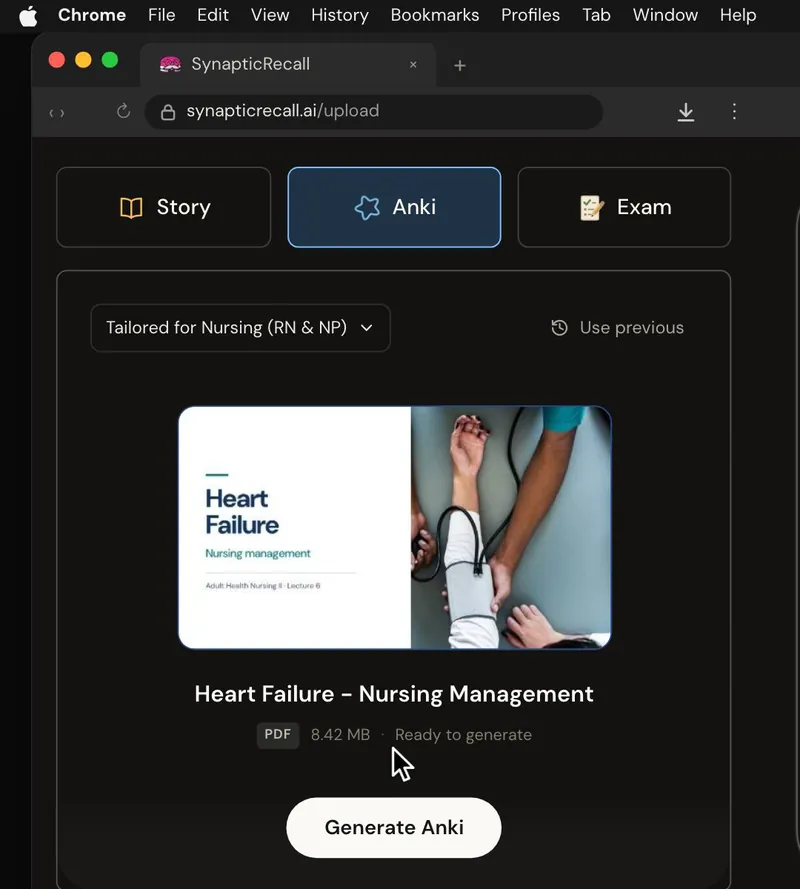 The upload page tailored for Nursing, with a lecture PDF dropped in and the Anki deck selected