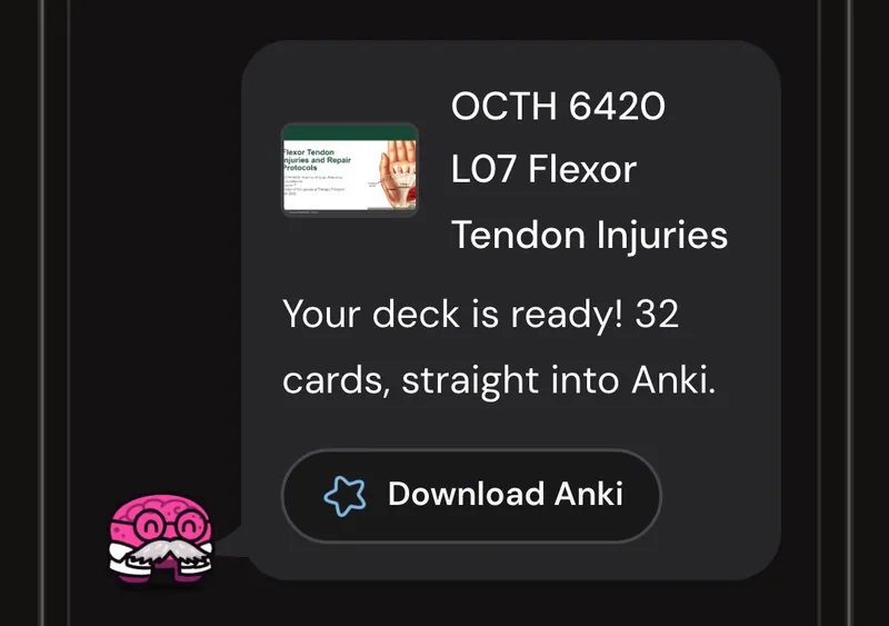 Dr. Synapse reporting a 32-card deck ready from one lecture, with a Download Anki button