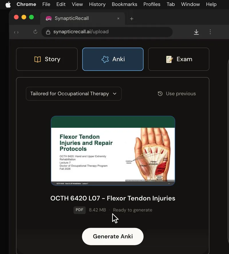 The upload page tailored for Occupational Therapy, with a lecture PDF dropped in and the Anki deck selected