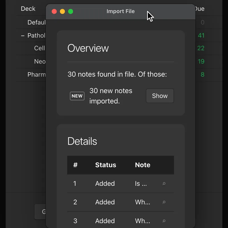 Anki’s Import File window: 30 new notes imported from the deck