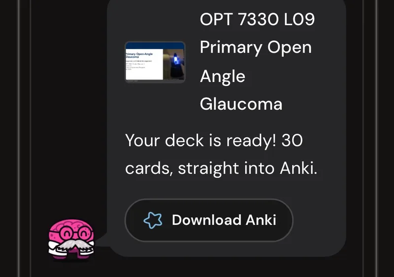 Dr. Synapse reporting a 30-card deck ready from one lecture, with a Download Anki button