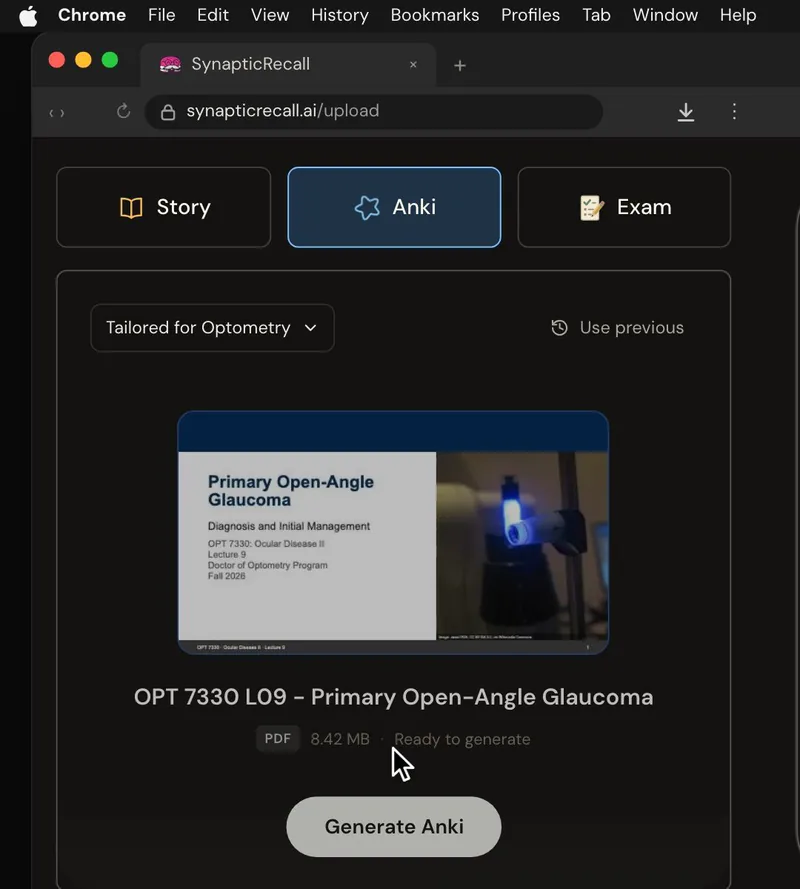 The upload page tailored for Optometry, with a lecture PDF dropped in and the Anki deck selected