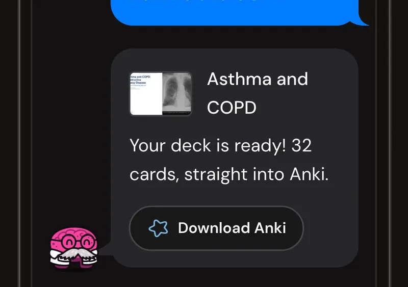 Dr. Synapse reporting a 32-card deck ready from one lecture, with a Download Anki button