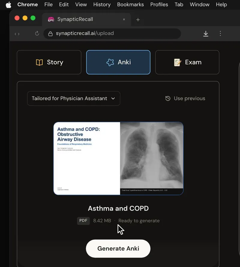 The upload page tailored for Physician Assistant, with a lecture PDF dropped in and the Anki deck selected