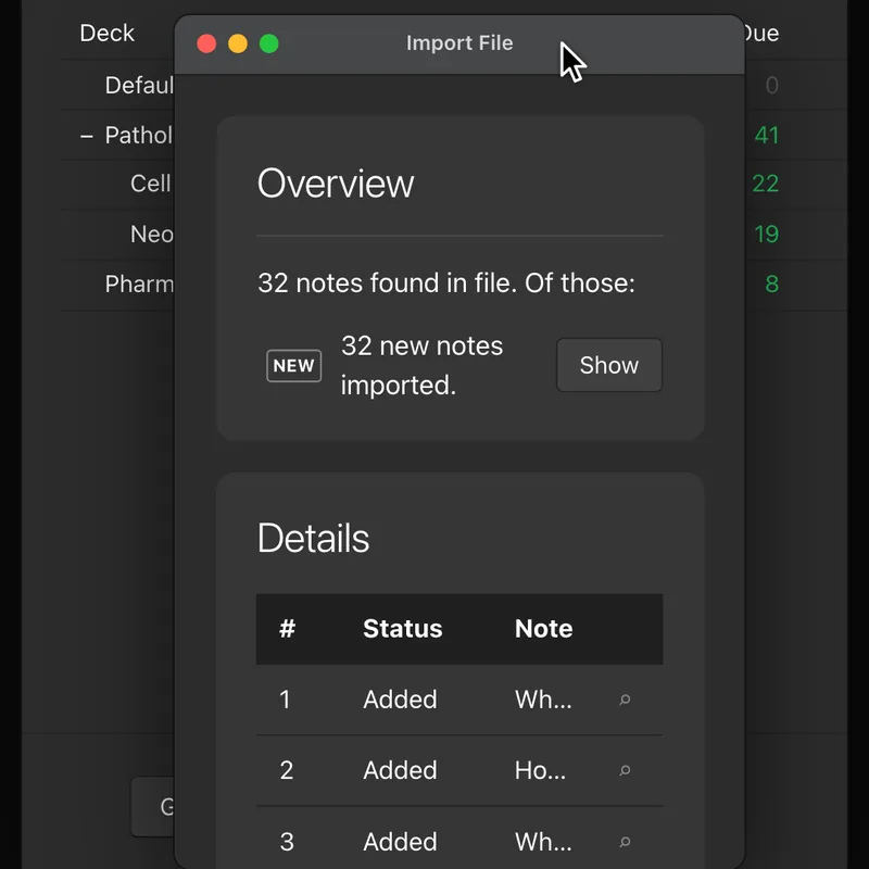 Anki’s Import File window: 32 new notes imported from the deck