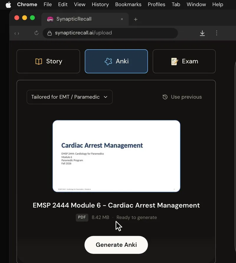 The upload page tailored for EMT / Paramedic, with a lecture PDF dropped in and the Anki deck selected