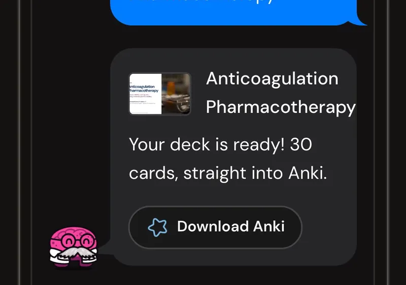 Dr. Synapse reporting a 30-card deck ready from one lecture, with a Download Anki button