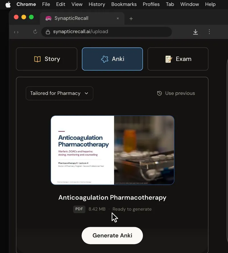 The upload page tailored for Pharmacy, with a lecture PDF dropped in and the Anki deck selected