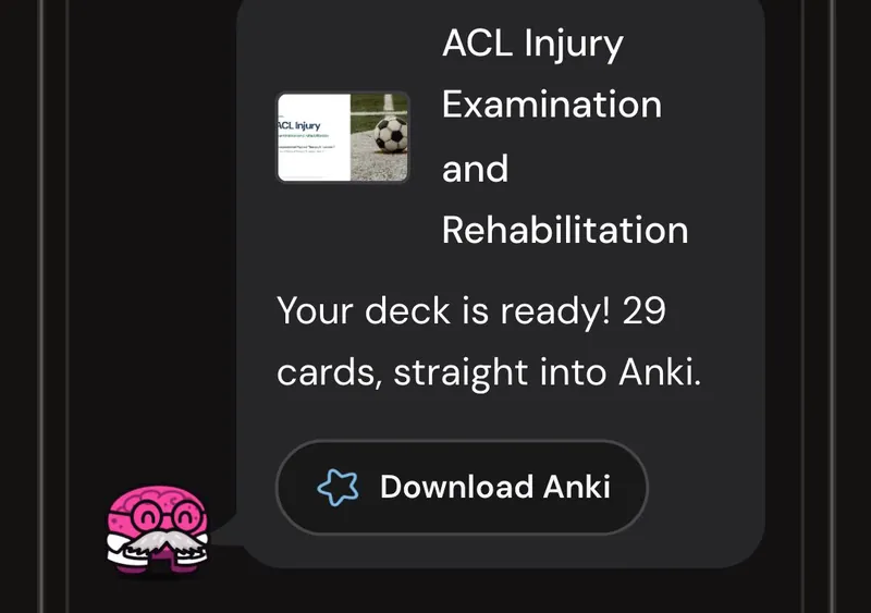 Dr. Synapse reporting a 29-card deck ready from one lecture, with a Download Anki button
