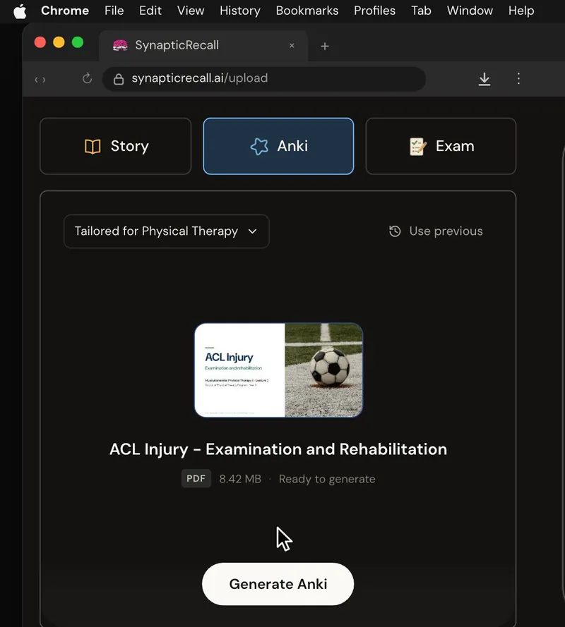 The upload page tailored for Physical Therapy, with a lecture PDF dropped in and the Anki deck selected