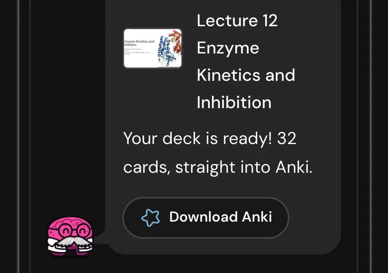 Dr. Synapse reporting a 32-card deck ready from one lecture, with a Download Anki button
