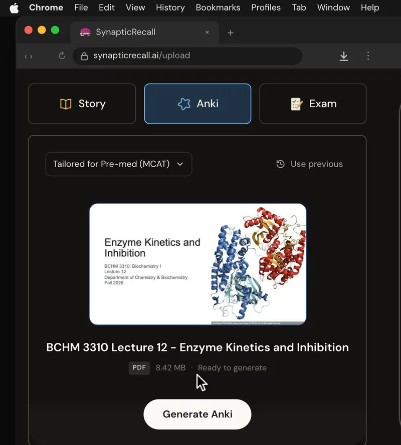 The upload page tailored for Pre-med, with a lecture PDF dropped in and the Anki deck selected