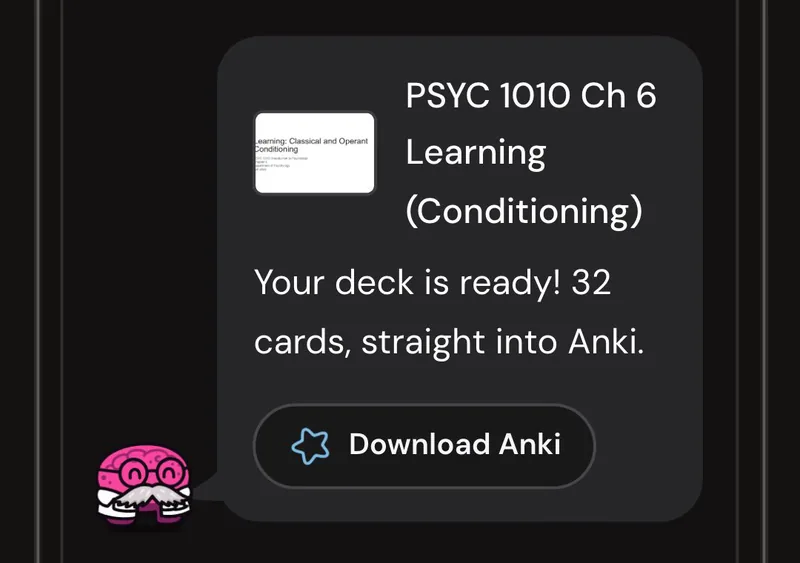 Dr. Synapse reporting a 32-card deck ready from one lecture, with a Download Anki button