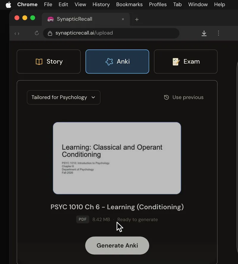 The upload page tailored for Psychology, with a lecture PDF dropped in and the Anki deck selected