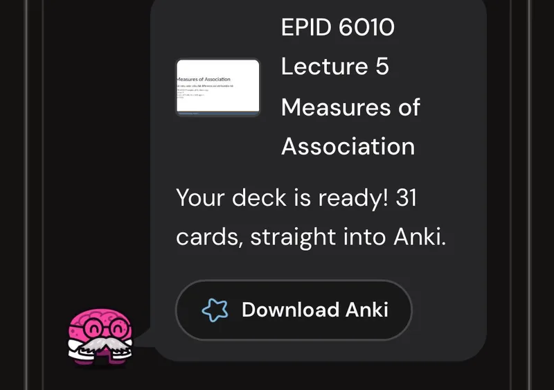 Dr. Synapse reporting a 31-card deck ready from one lecture, with a Download Anki button